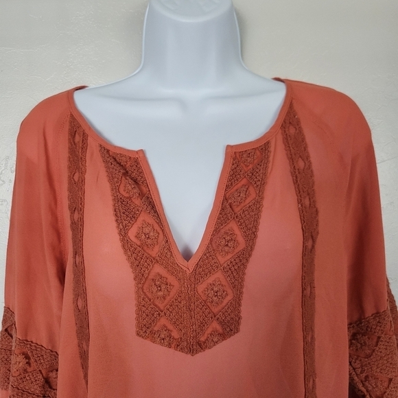 BKE Red Small Orange Long Sleeve Blouse V-neck Chiffon Sheer Boho Bohemian - Picture 2 of 6